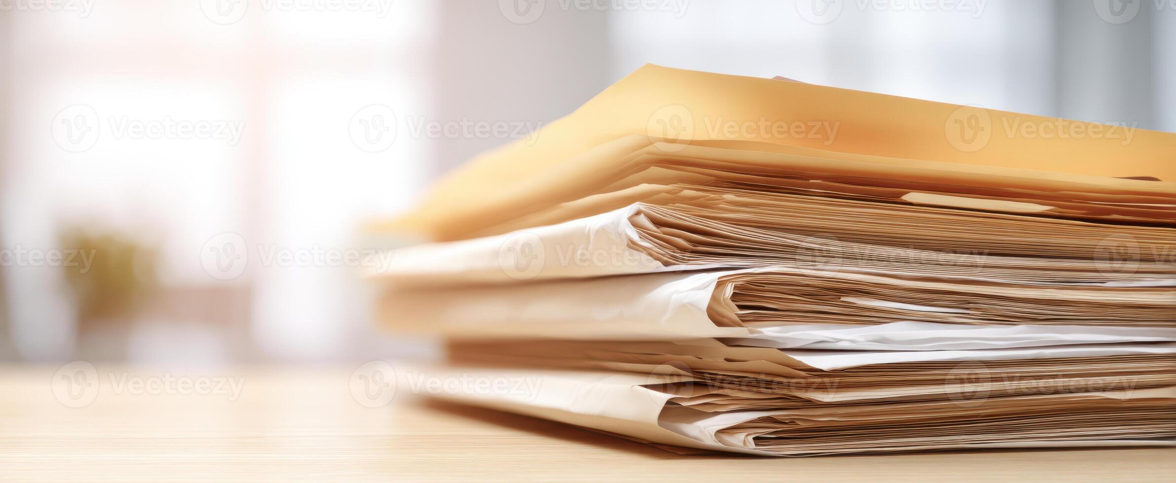 The stack of organized paperwork on a professional office desk setting. photo