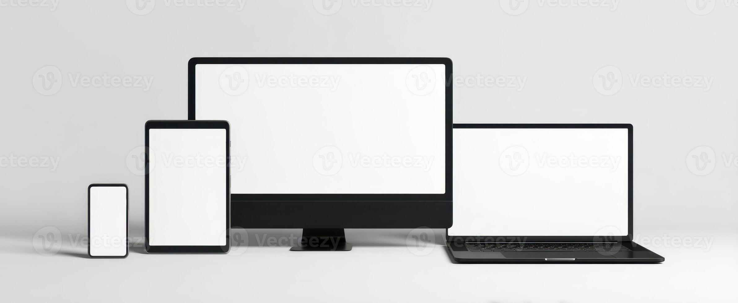 The collection of electronic devices with blank screens for mockup presentations. photo