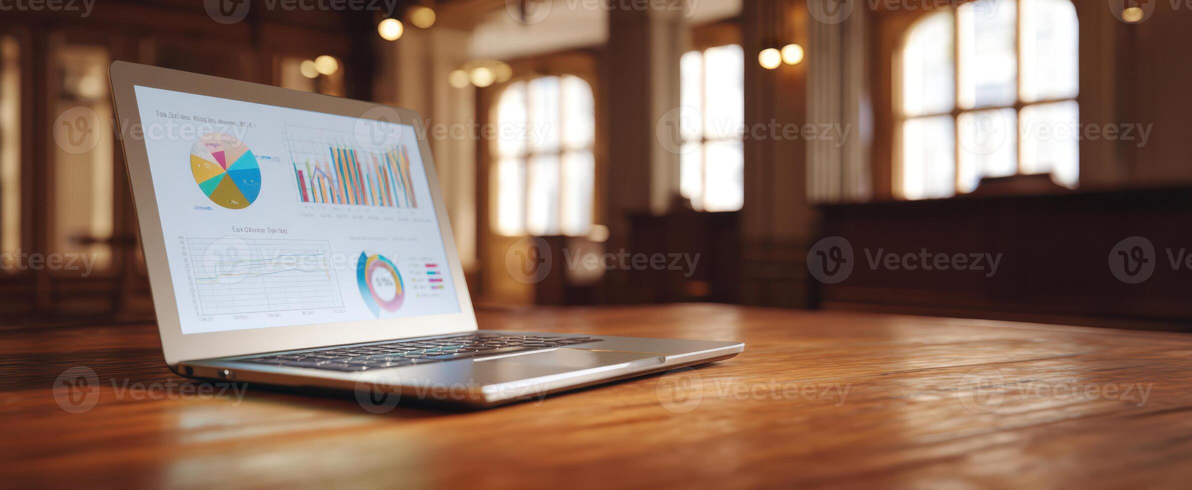 The laptop displaying colorful graphs in a professional workspace setting. photo