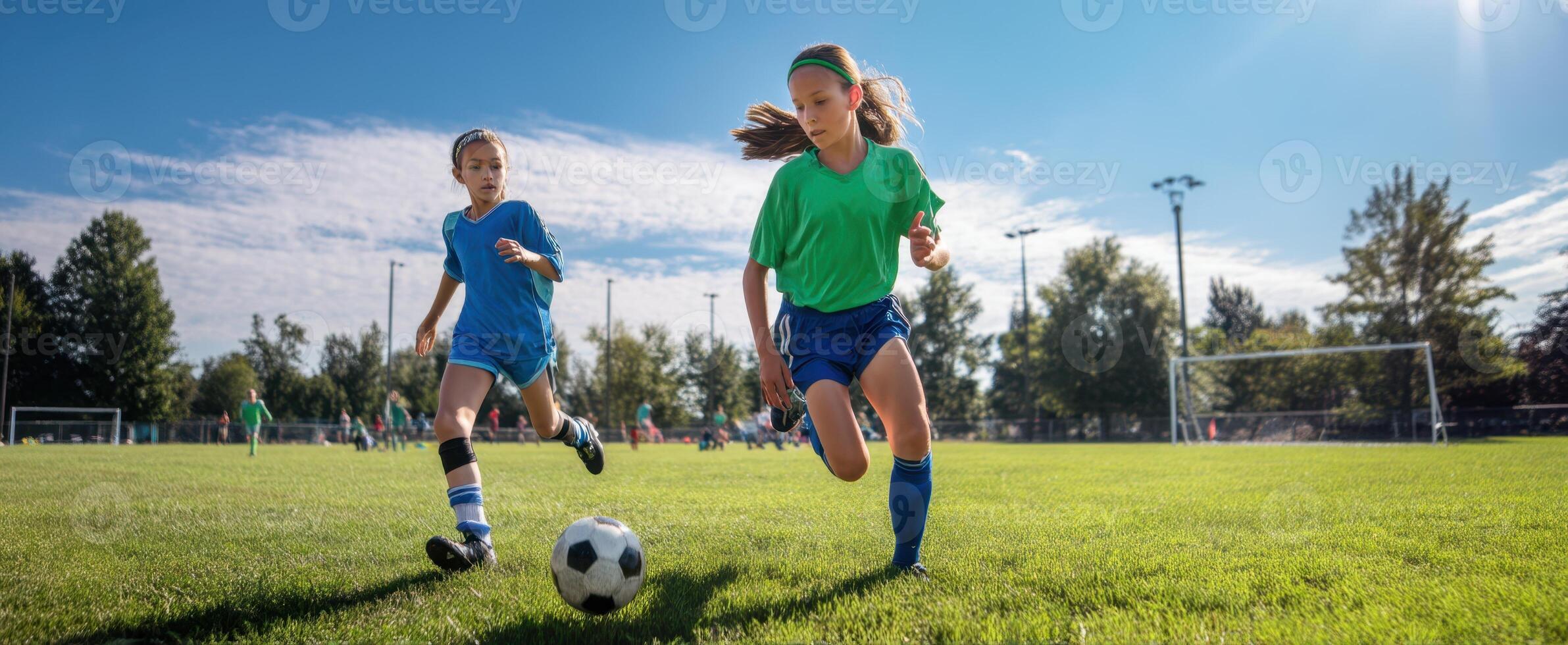 The young girls playing soccer on a sunny field during a friendly match. photo
