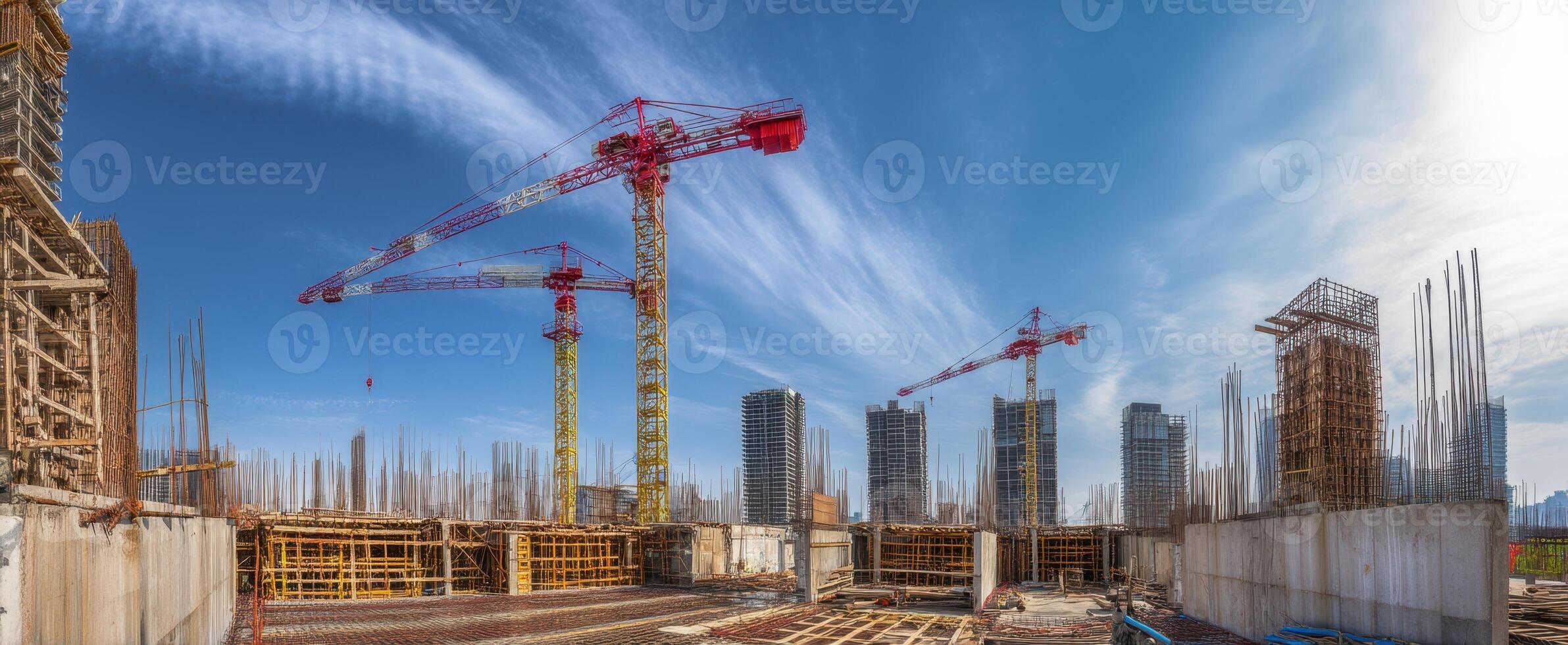 The construction site bustling with cranes and building activity under a bright blue sky. photo
