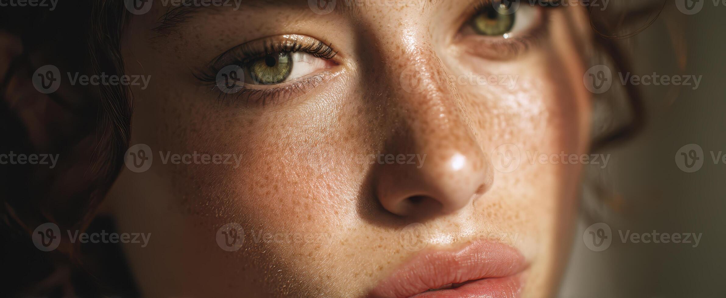 The captivating beauty of a close-up portrait featuring stunning freckles and green eyes. photo
