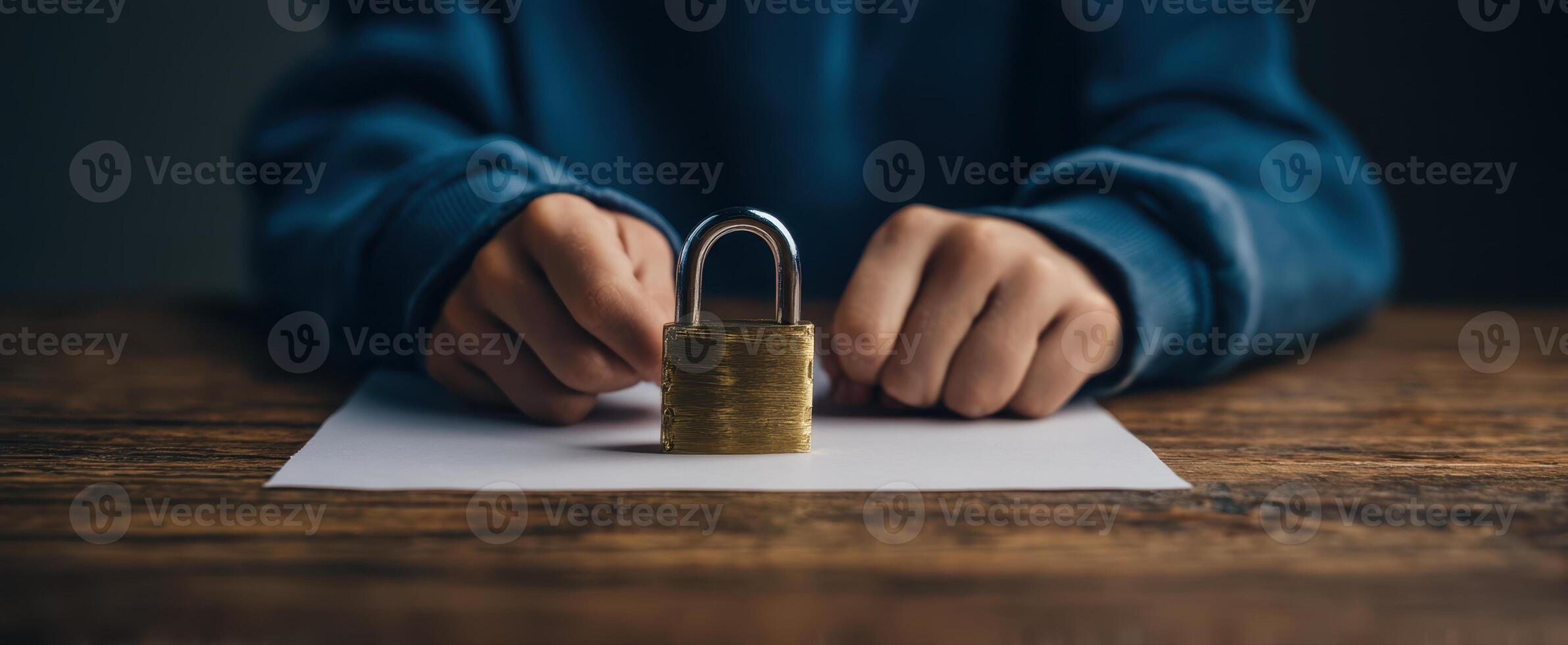 The padlock resting on paper in a child's hands. photo