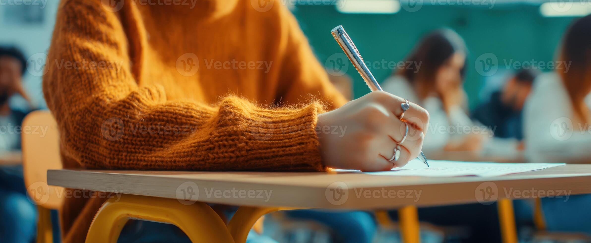 The student writing notes in a classroom during an exam session. photo