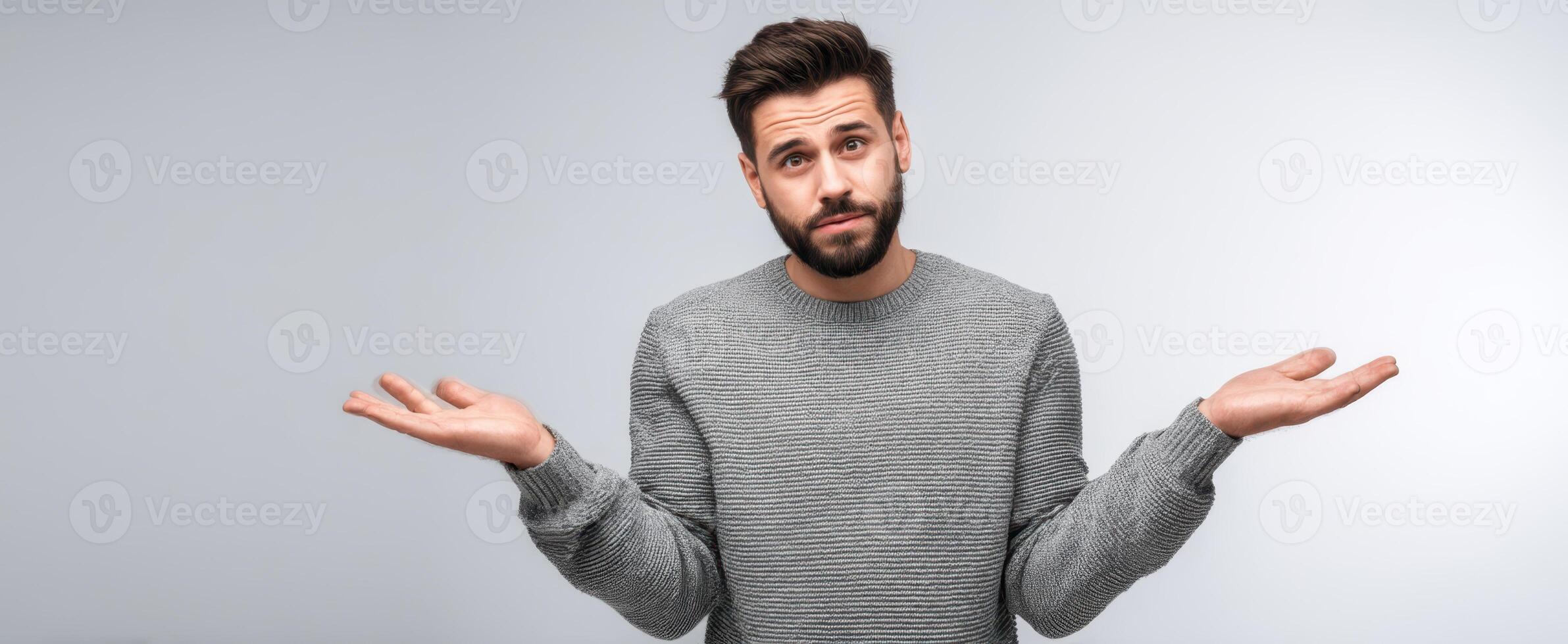 The man expressing confusion and uncertainty with a shrug and puzzled expression. photo