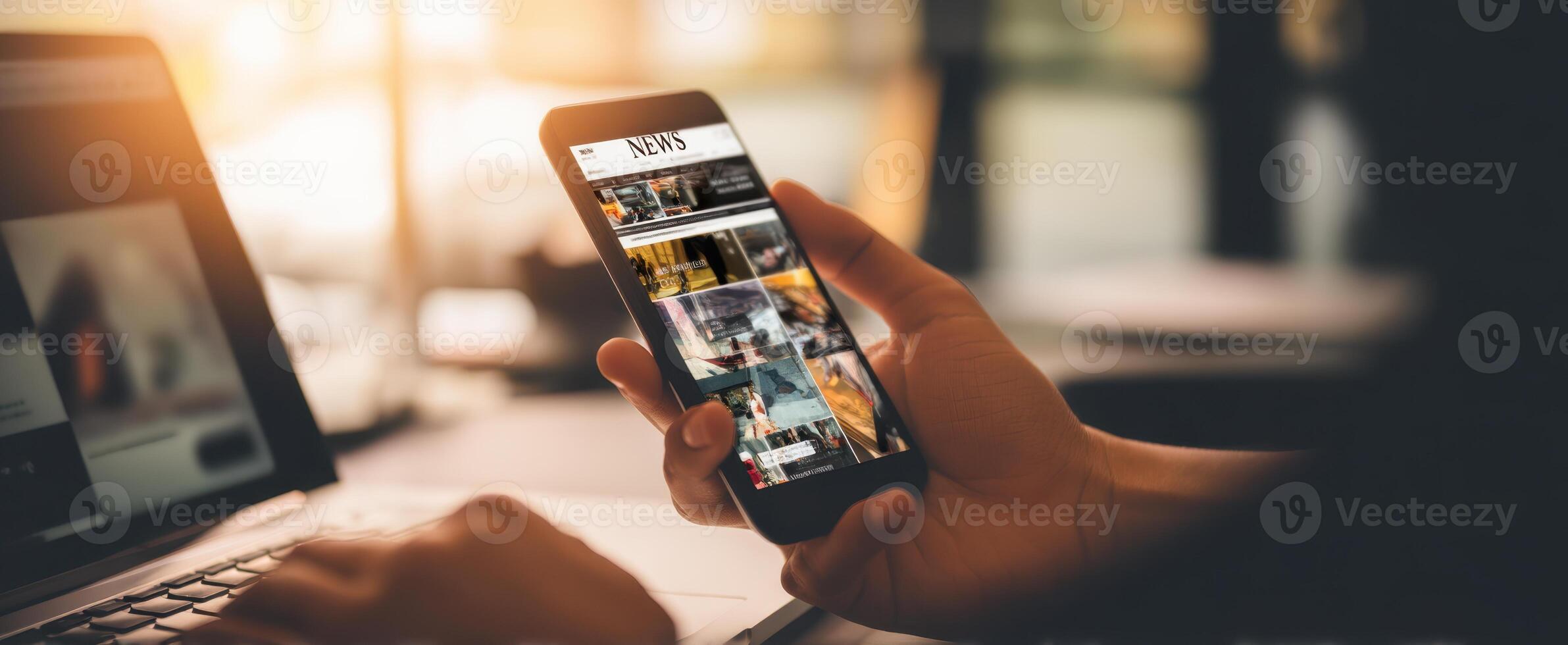 The smartphone displaying a news website in a modern workspace setting. photo