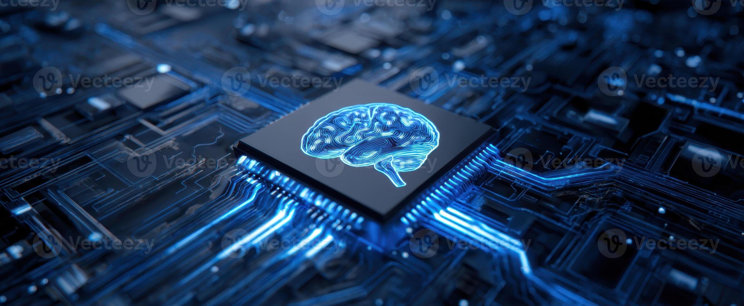 The Brain Integrated into a High-Tech Circuit Board Design for Innovation photo