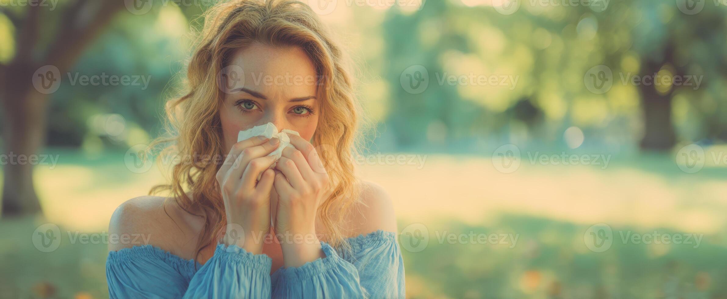 The woman holding a tissue with a contemplative expression in nature. photo