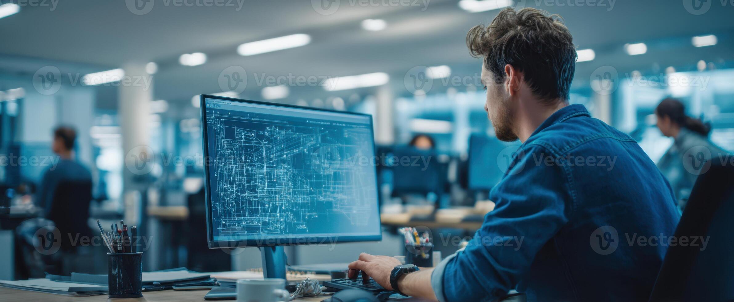 The designer working diligently on architectural plans in a modern office environment. photo