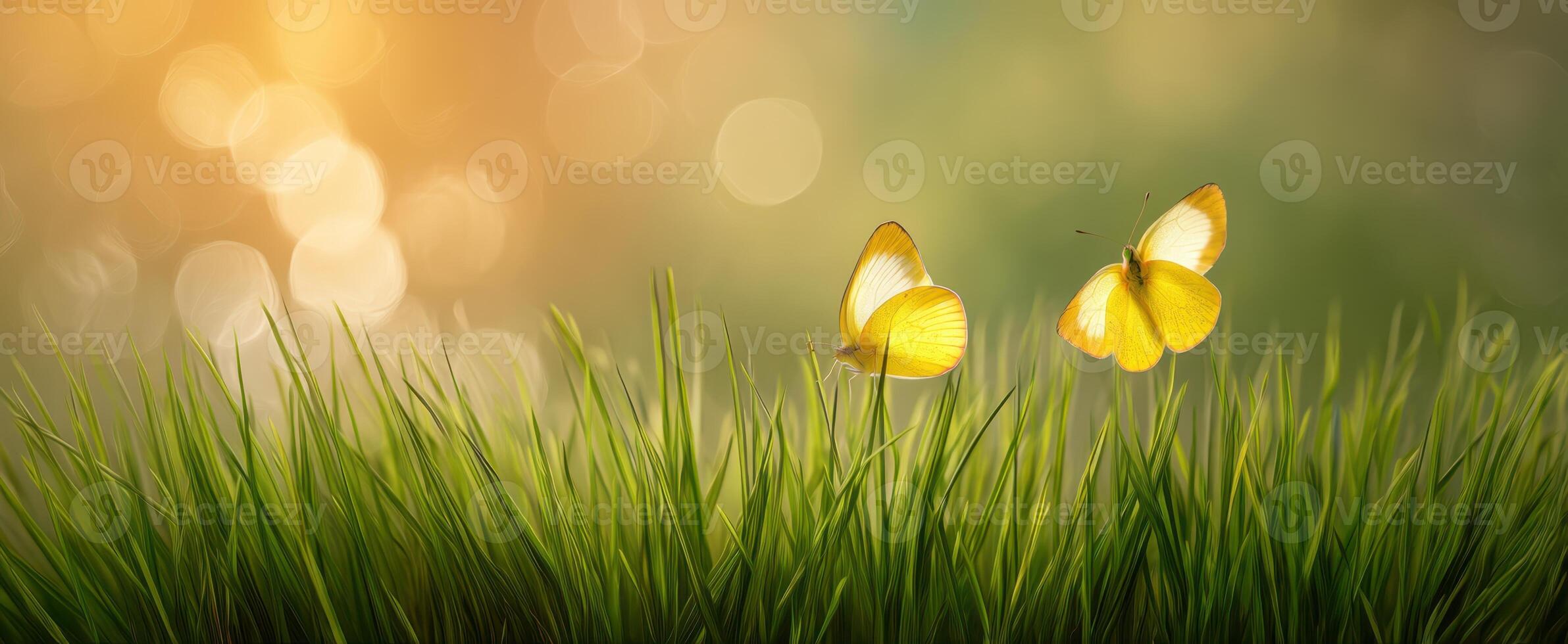 The beautiful yellow butterflies fluttering over a vibrant green grass meadow. photo
