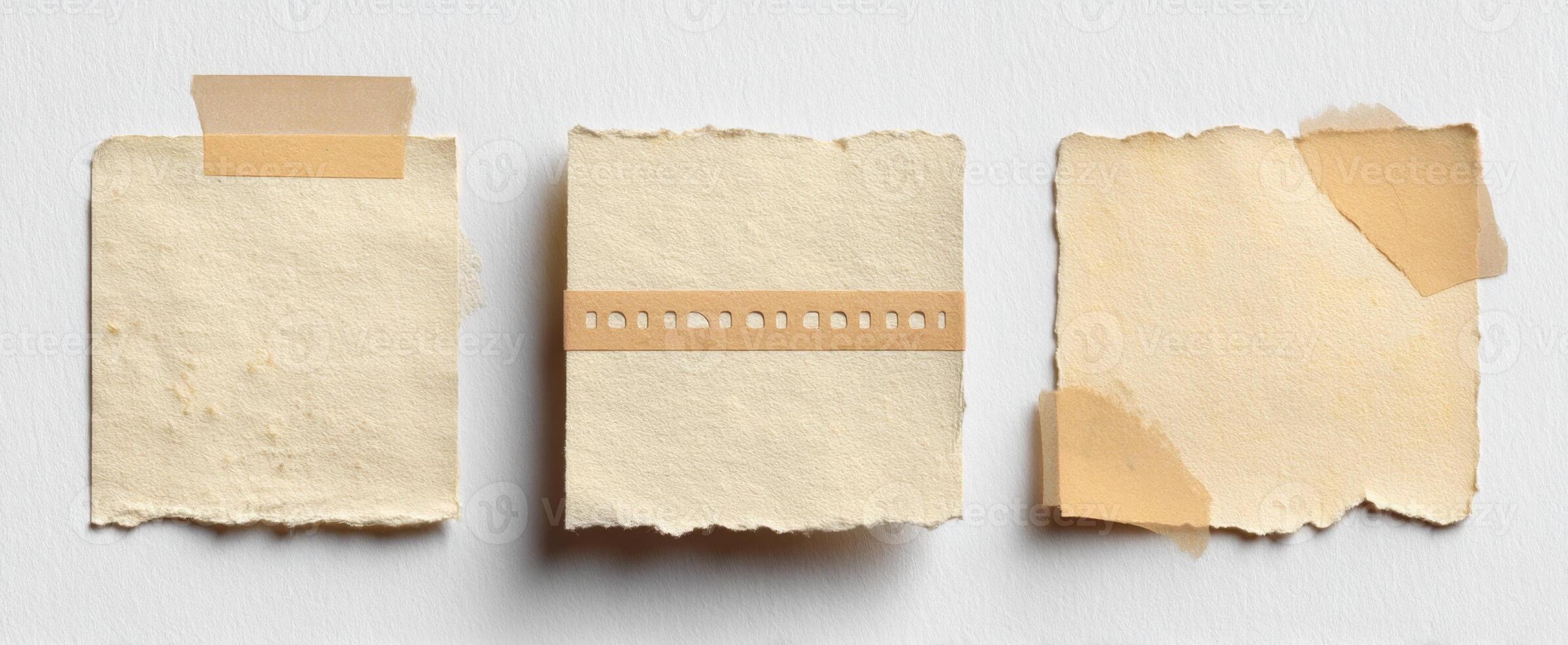 The collection of vintage notes with adhesive tape and textured edges. photo