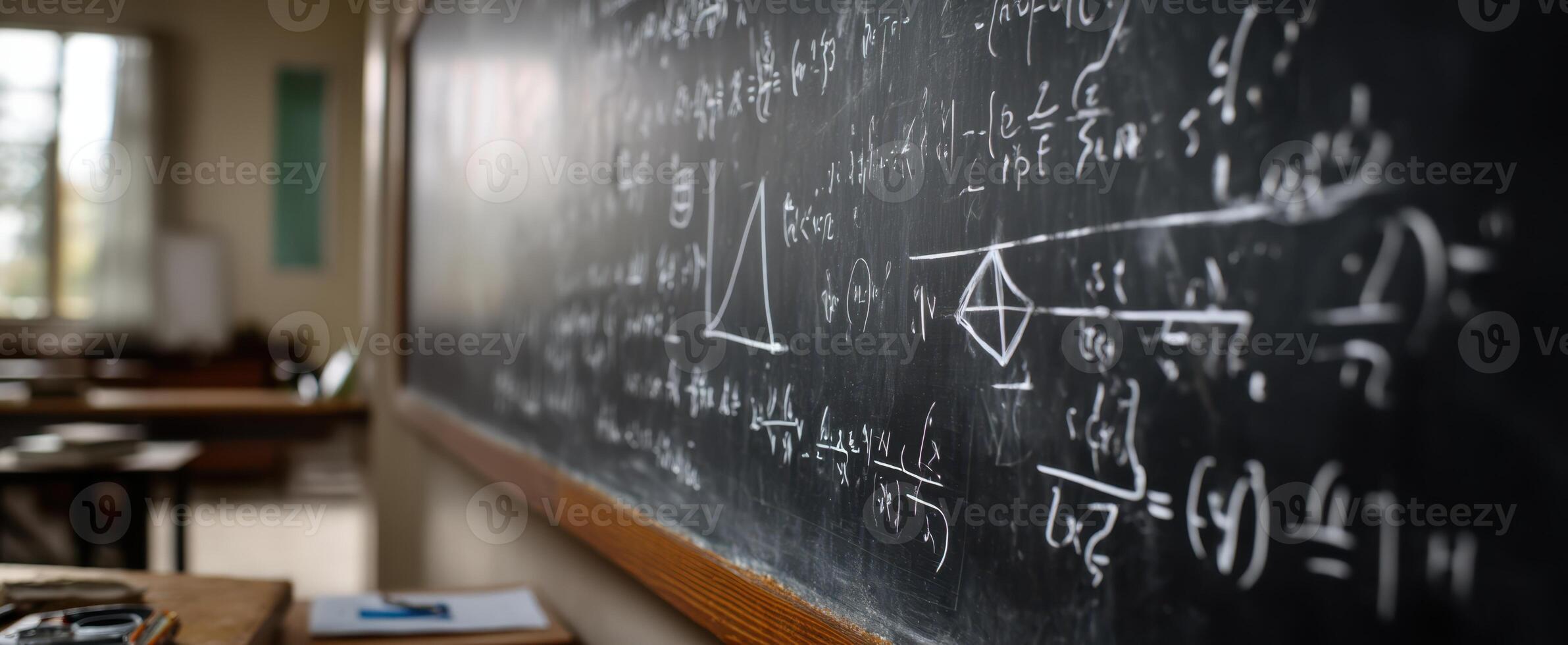 The chalkboard filled with complex mathematical equations in a classroom setting. photo