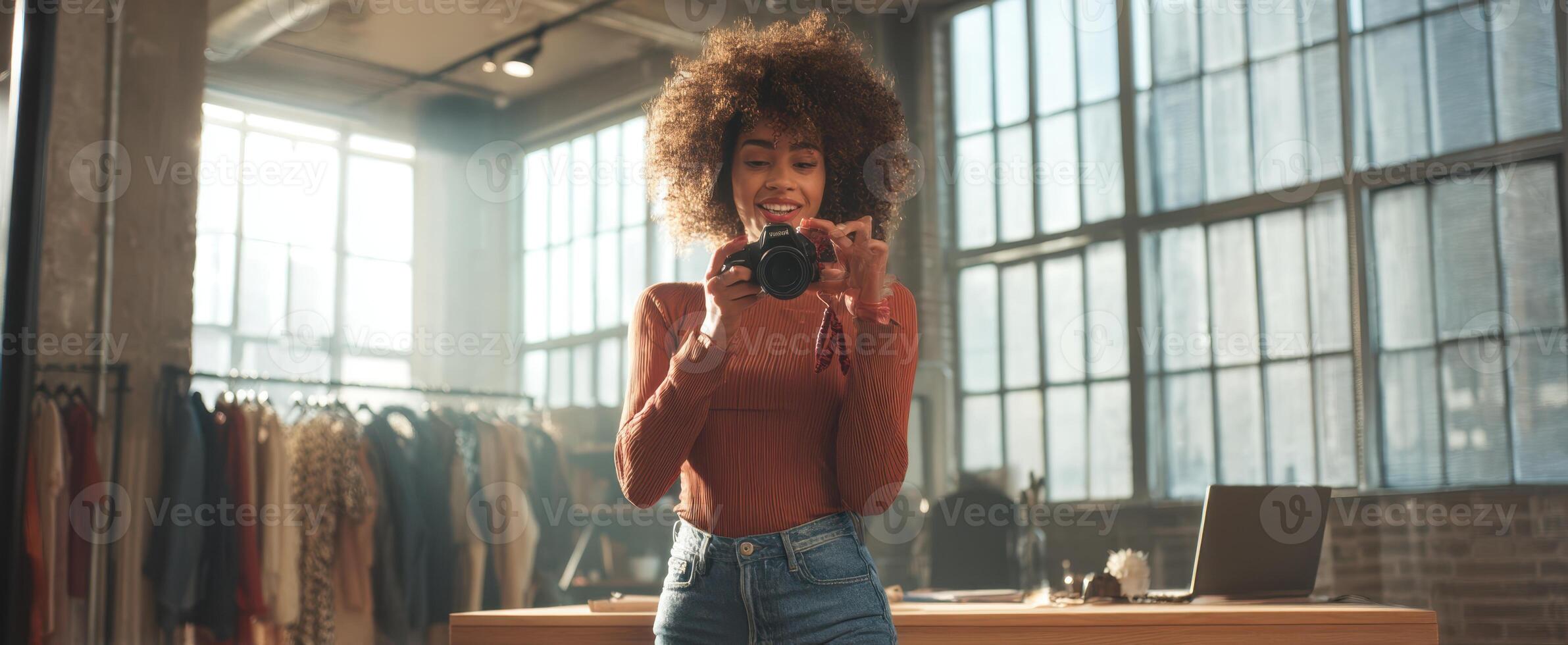 The young woman posing confidently with a camera in a stylish studio setting. photo