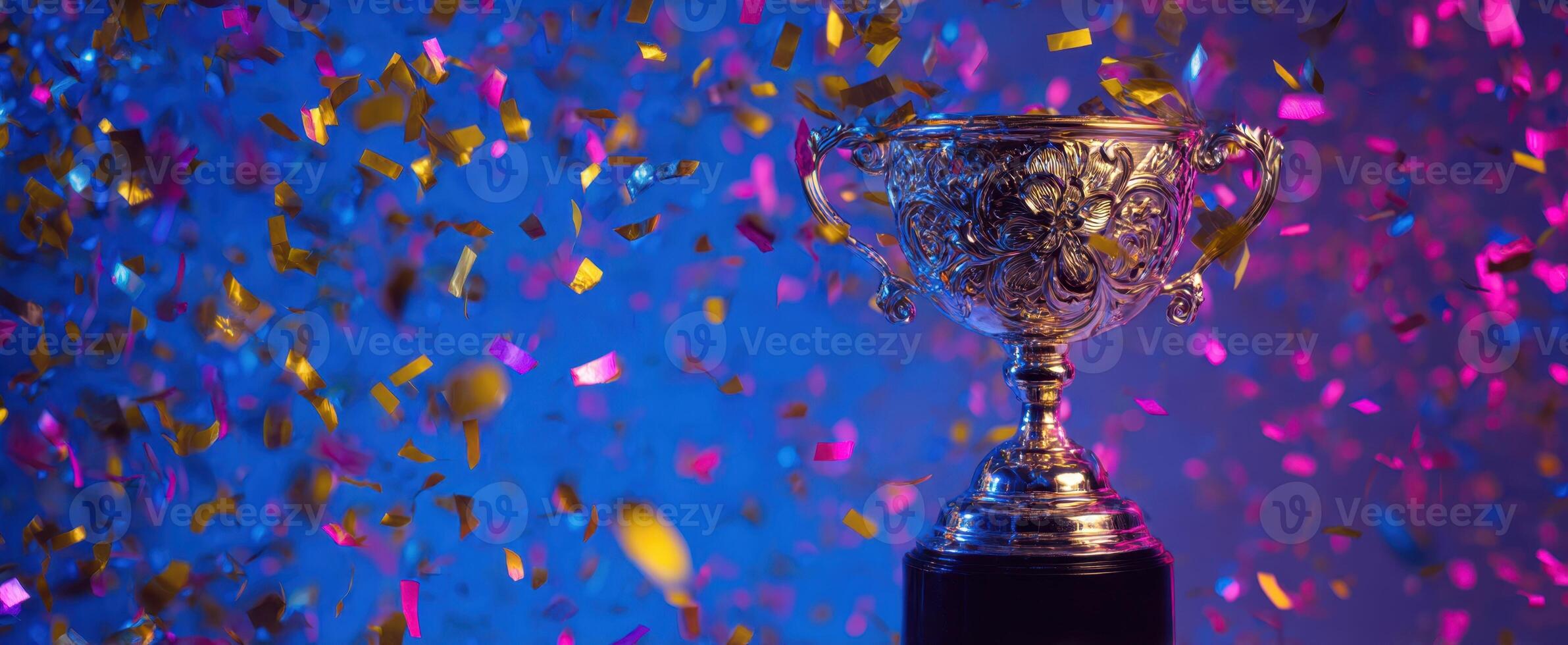 The elegant trophy surrounded by colorful confetti celebrating victory and achievement. photo