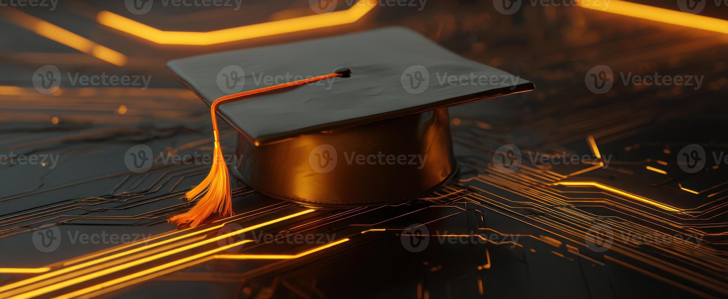 The graduation cap resting on a glowing circuit background representing digital education. photo