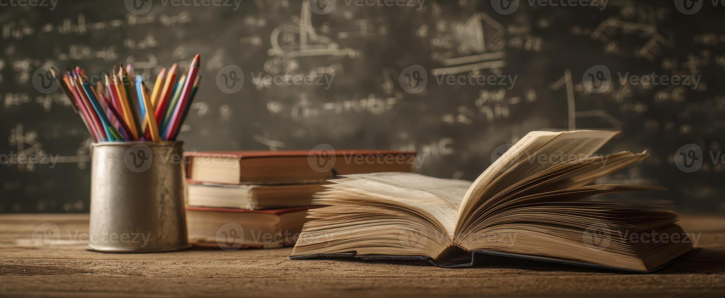 The open book with colorful pencils beside stacks of books on a desk. photo