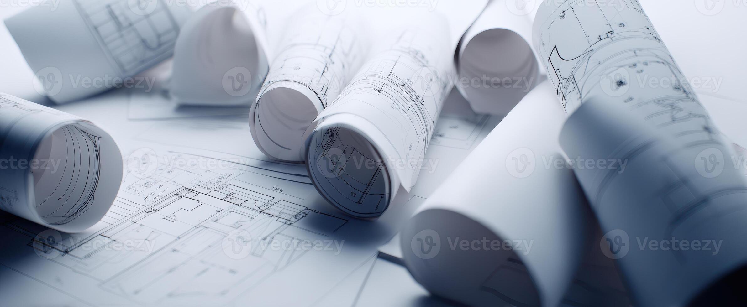 The rolled blueprints and architectural plans on a workspace surface. photo