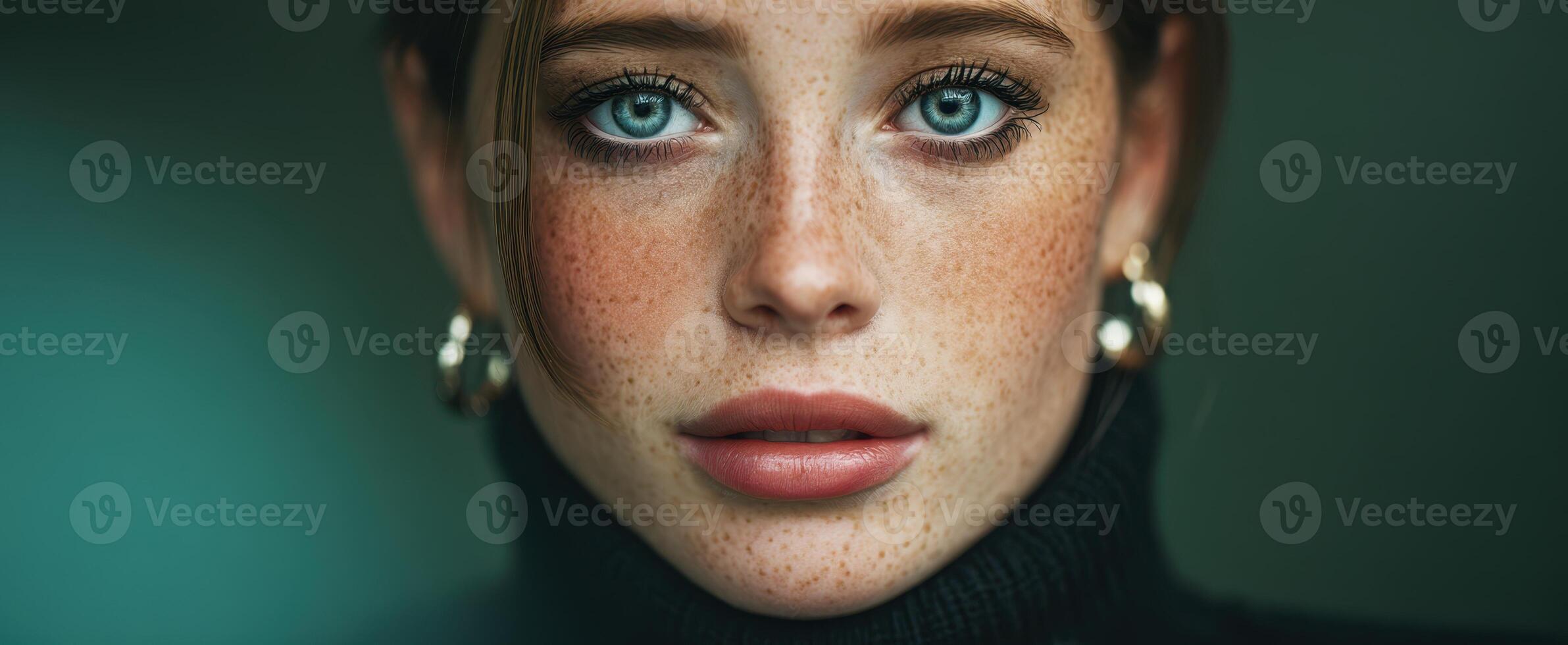 The captivating portrait of a young woman with striking blue eyes and freckles. photo