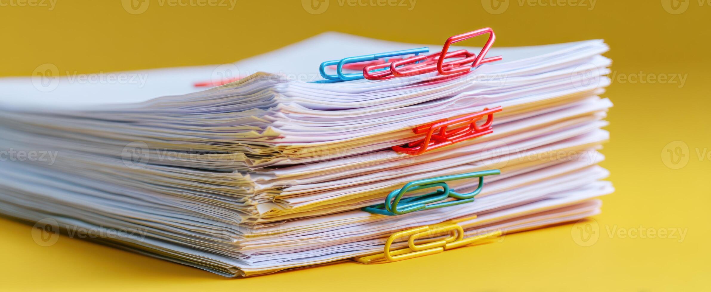 The stack of organized papers secured with colorful clips on a bright background. photo
