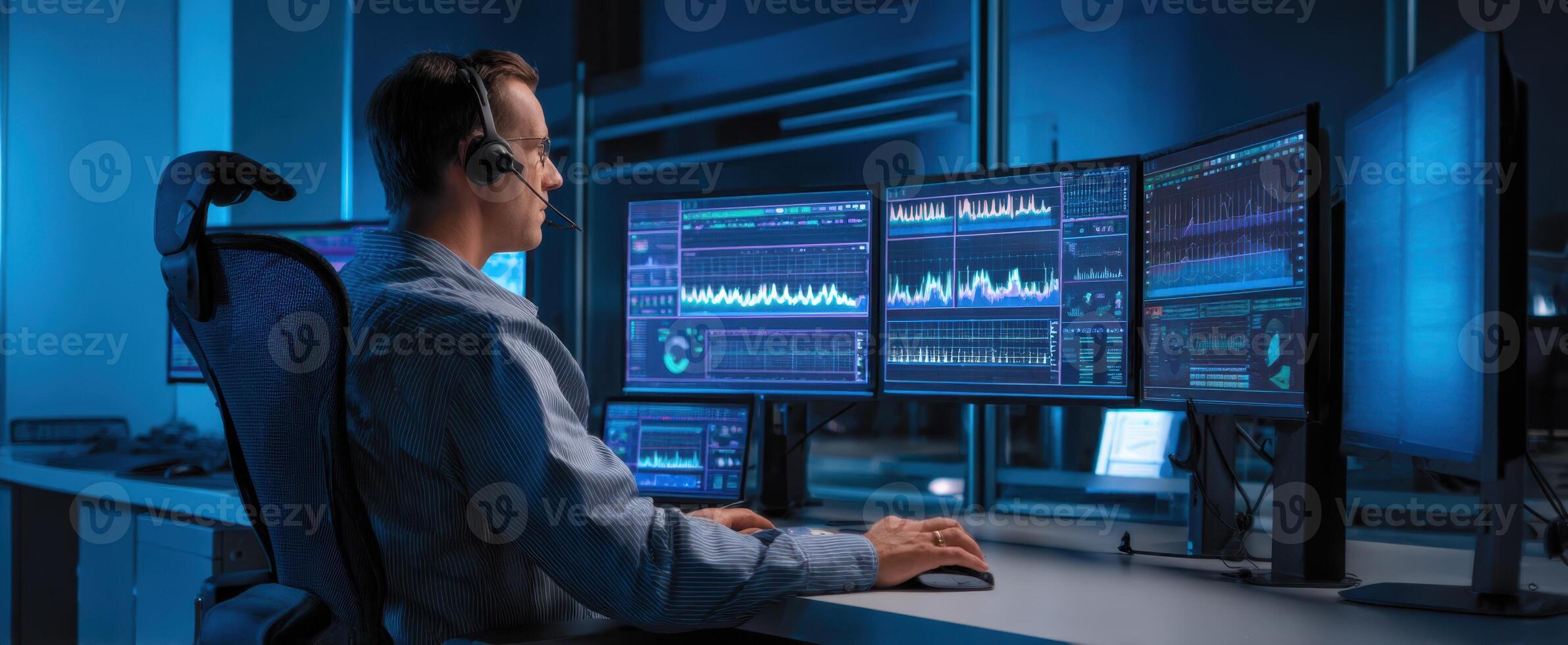 The focused analyst working with multiple screens in a modern control room photo