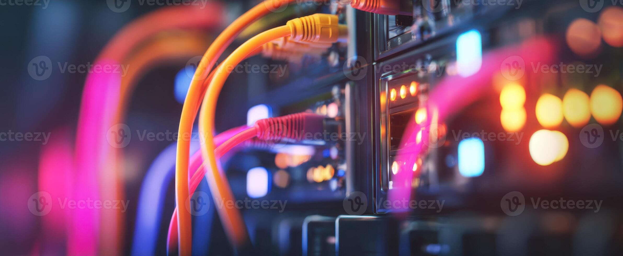 The vibrant network cables connecting high-tech server equipment in a data center. photo