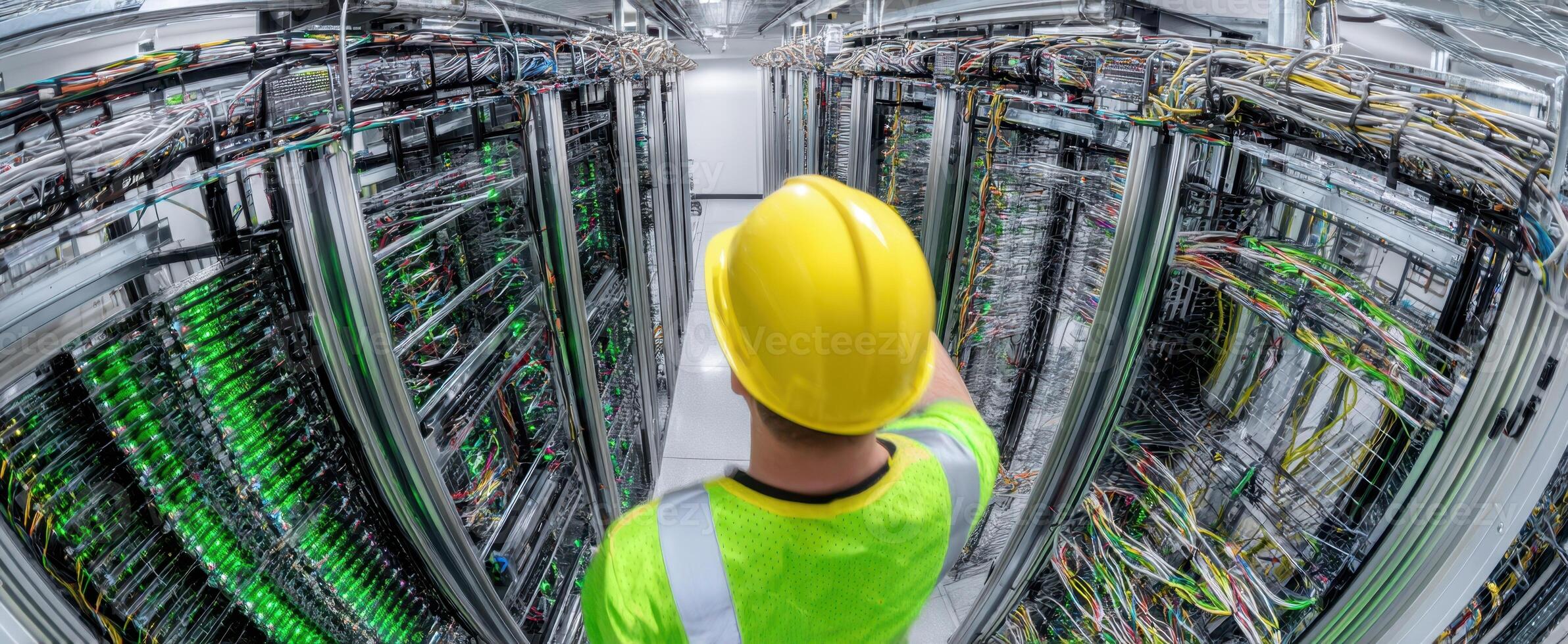 The technician overseeing a high-tech server room filled with vibrant green cables. photo