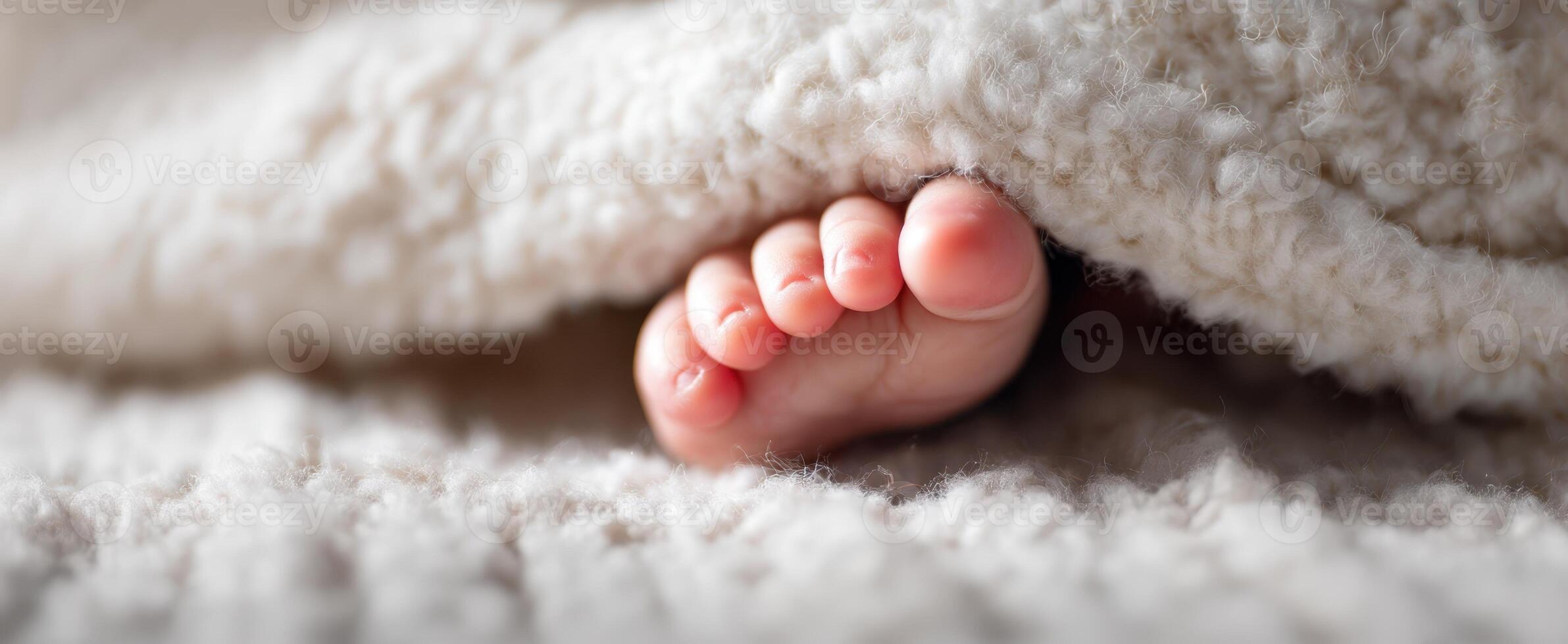 The adorable little foot peeking out from under a fluffy blanket. photo
