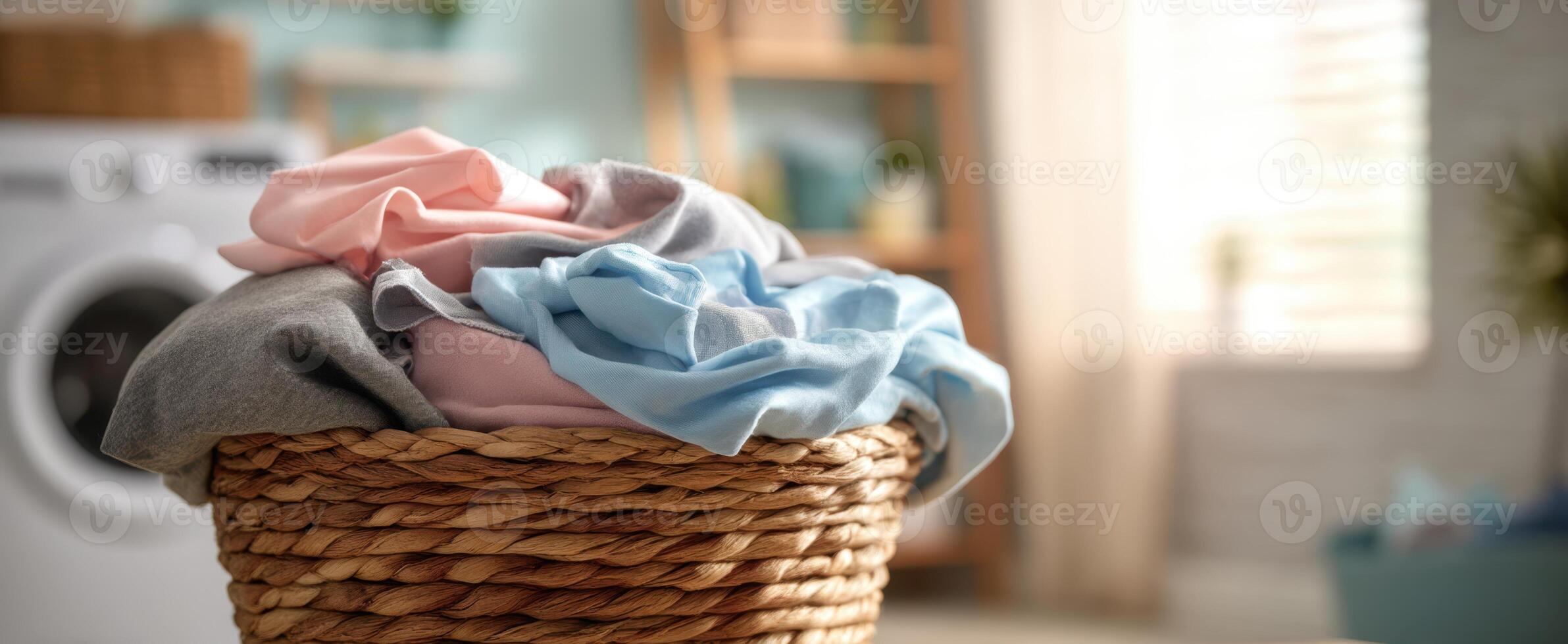 The laundry basket filled with freshly washed and folded clothes. photo