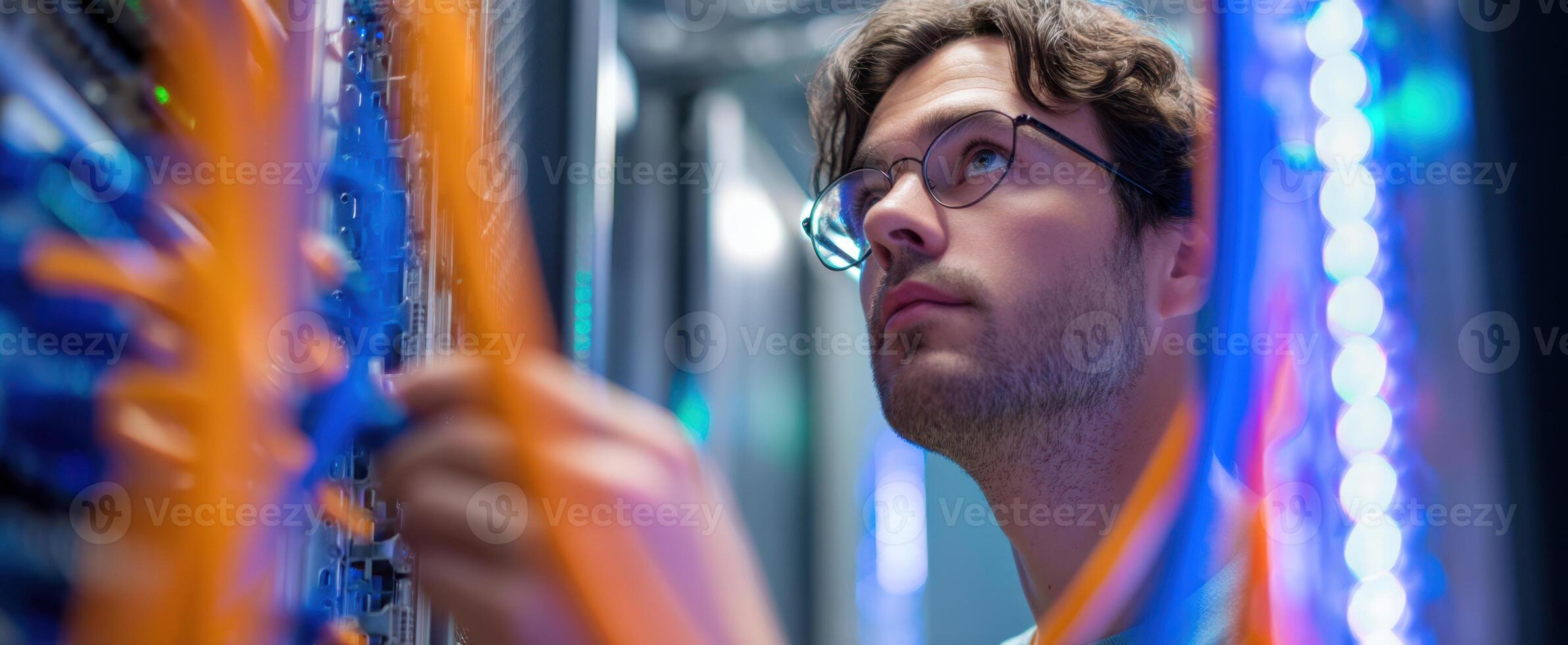 The technician managing server connections with colorful data cables in a modern environment. photo