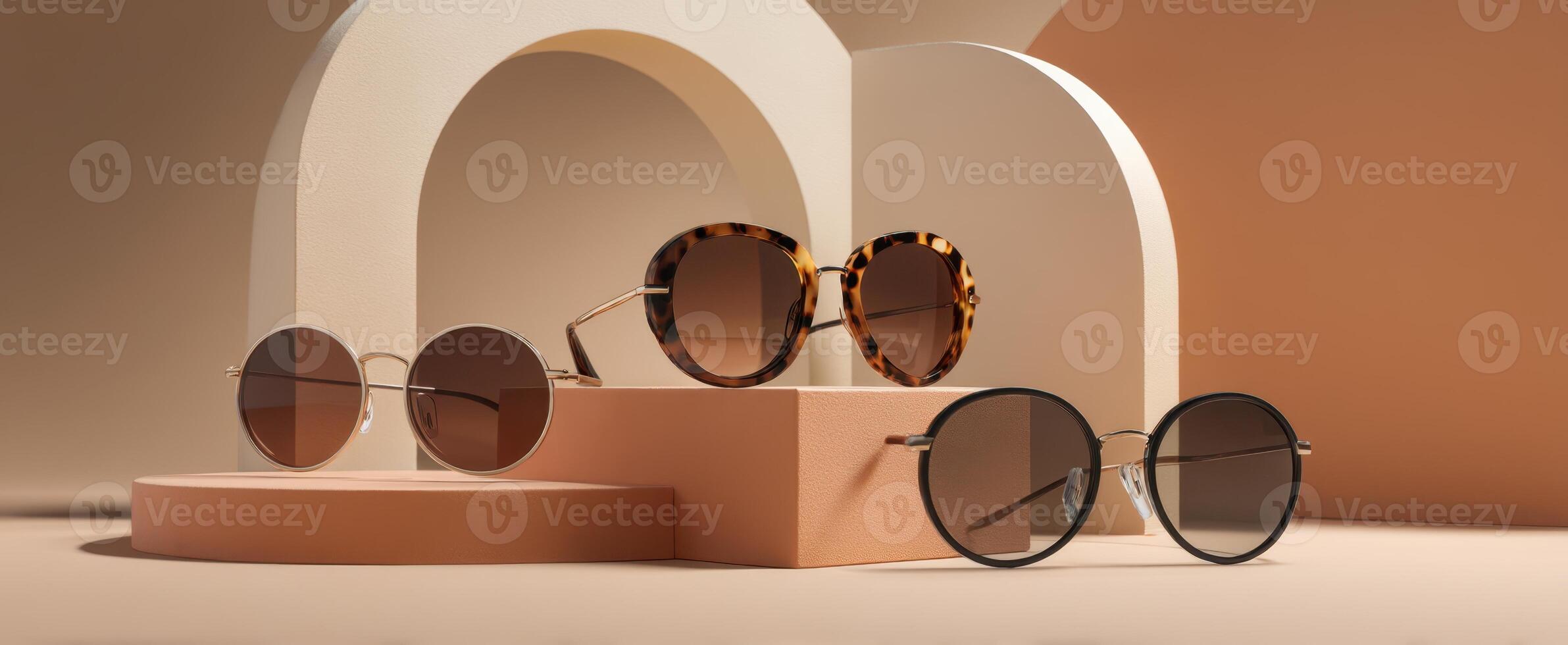 The elegant display of fashionable sunglasses on a minimalist background. photo