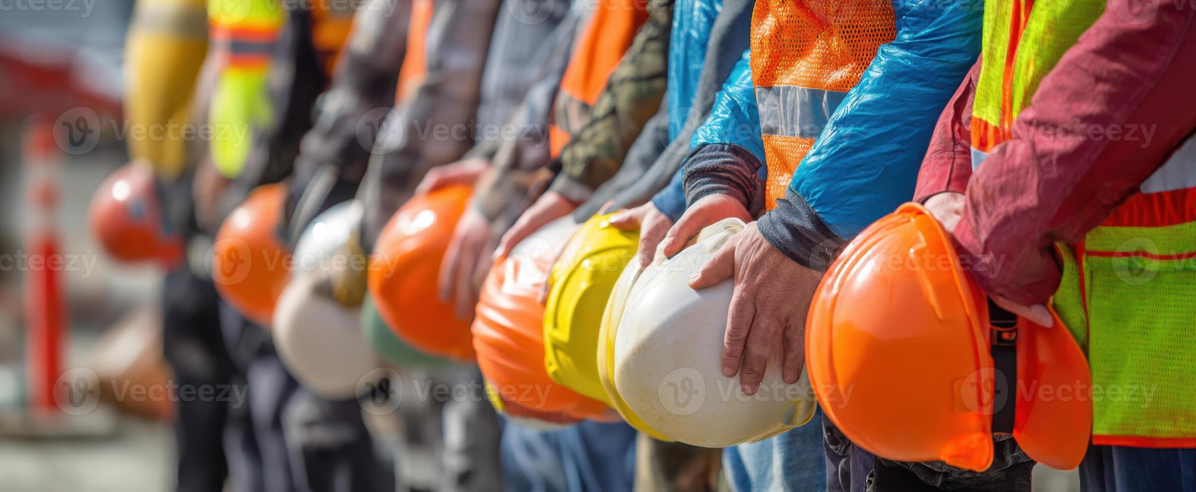 The construction workers lined up holding helmets in a safety-focused environment. photo