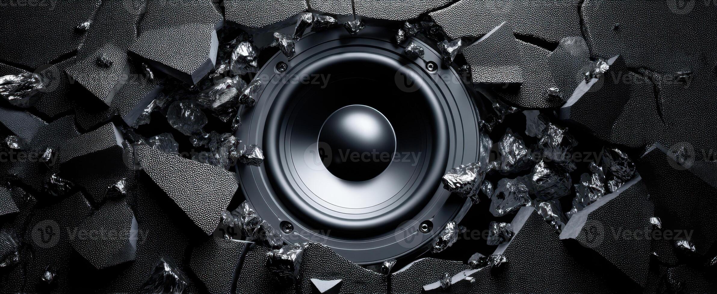 The powerful speaker breaking through a textured black surface with dynamic energy. photo