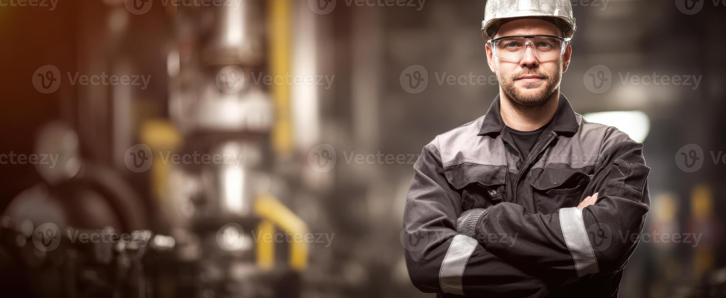 The confident worker in a safety helmet and protective gear at the factory. photo