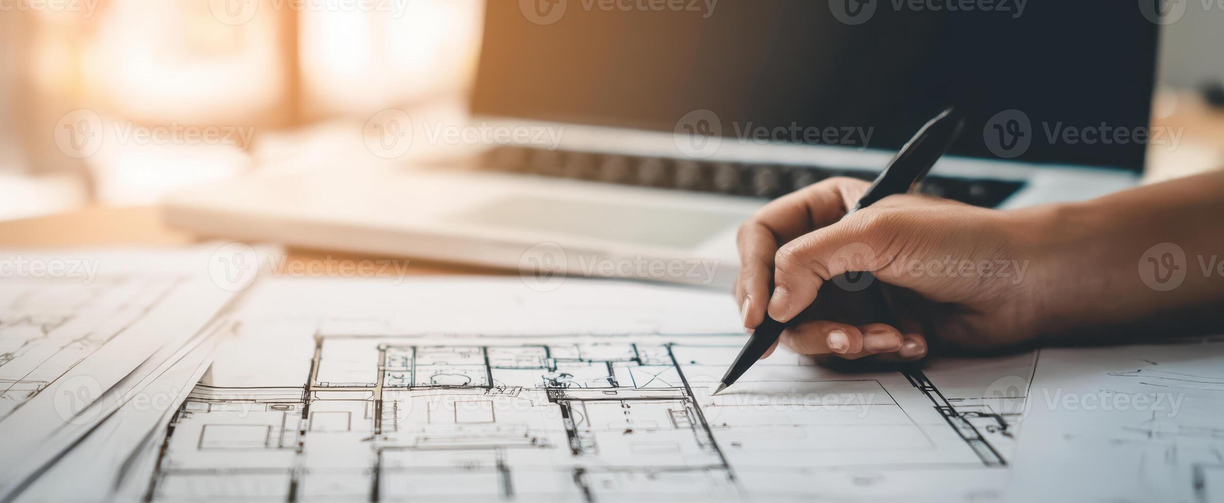 The hand drawing architectural plans with a laptop in a modern workspace. photo