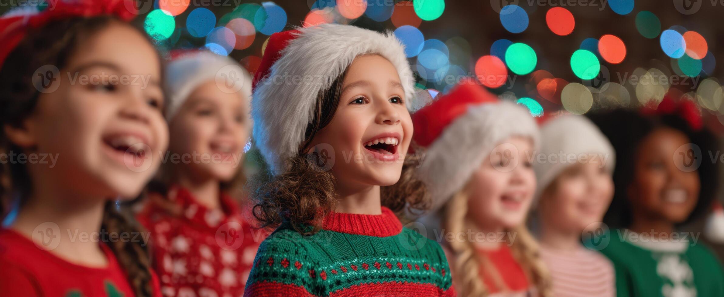 Children in christmas sweaters and hats singing photo