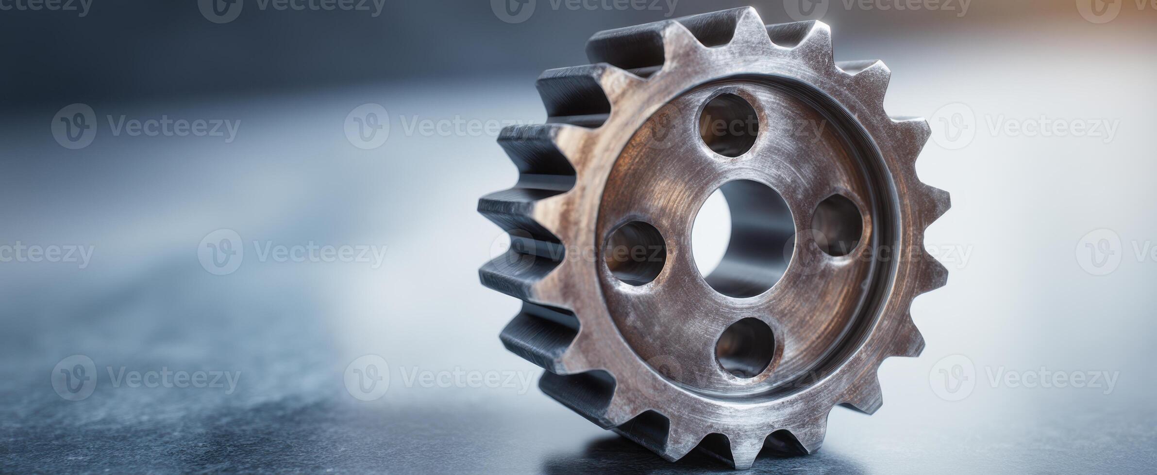 The detailed close-up of a metallic gear with a reflective surface. photo