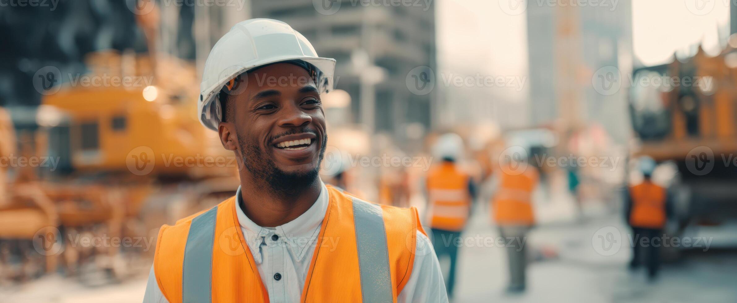 The smiling construction worker showcasing teamwork on a busy site. photo