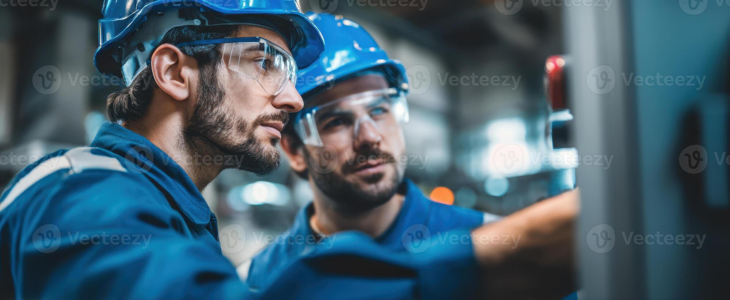 The engineers collaborating on machinery setup in a modern industrial setting. photo