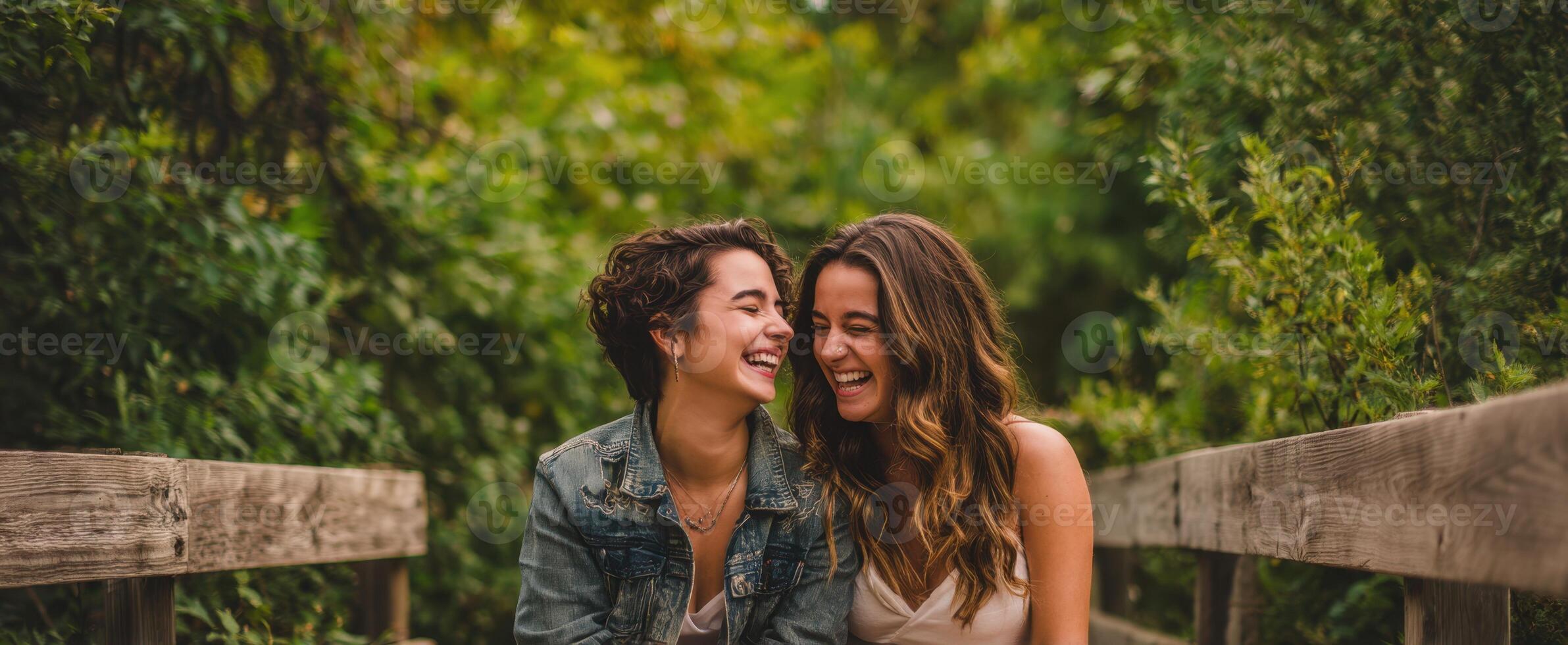 The joyful moment shared between two friends enjoying nature together. photo