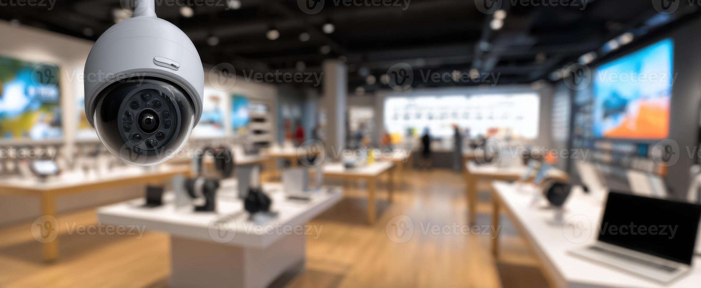 The surveillance camera watching over a modern electronics store interior. photo