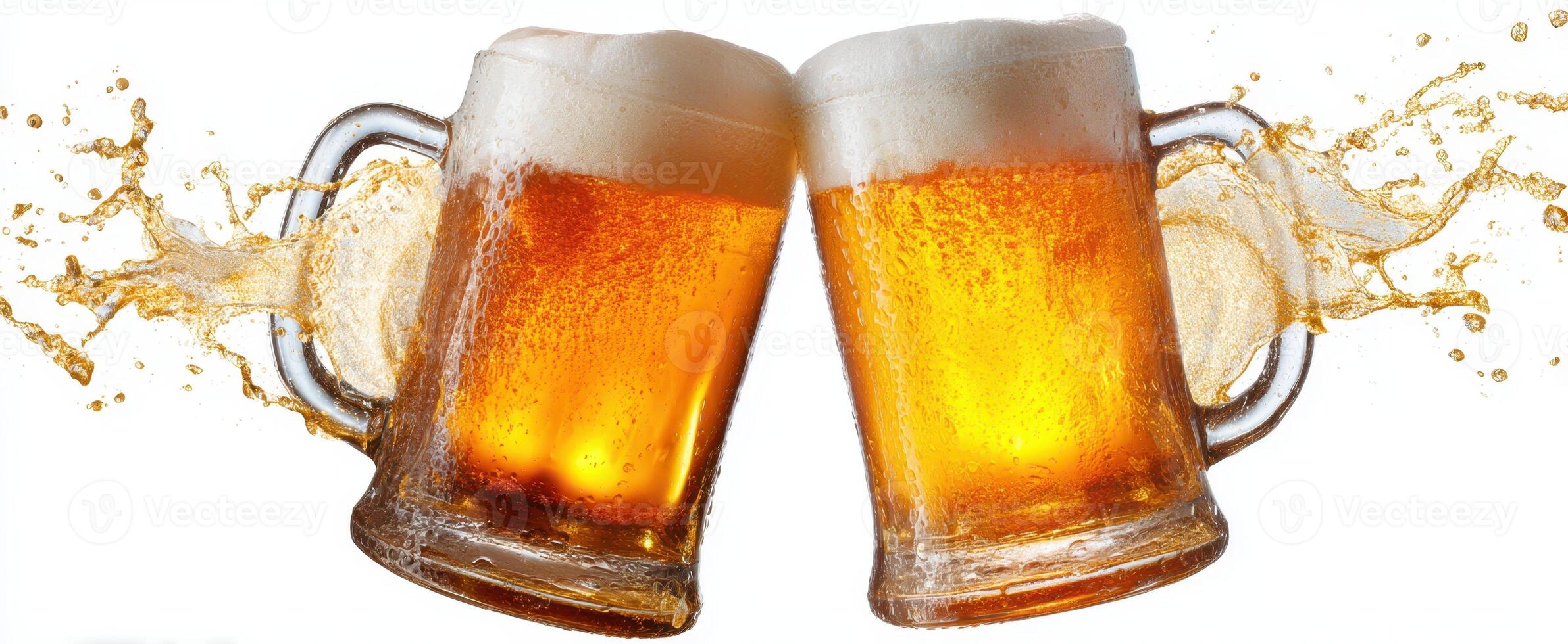 The delightful moment of two beer mugs clinking together in celebration. photo