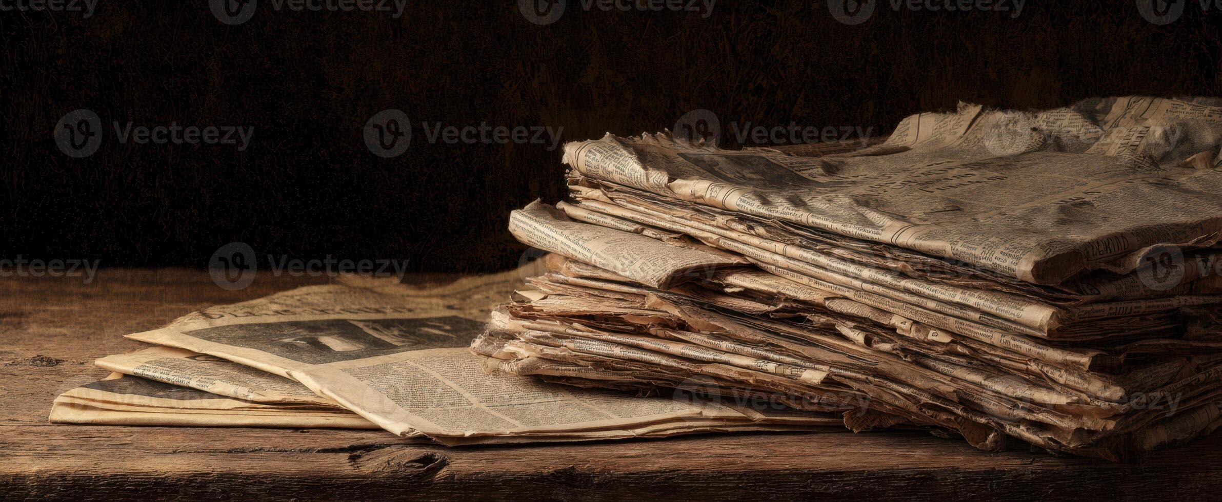 The vintage stack of newspapers on a rustic wooden surface photo