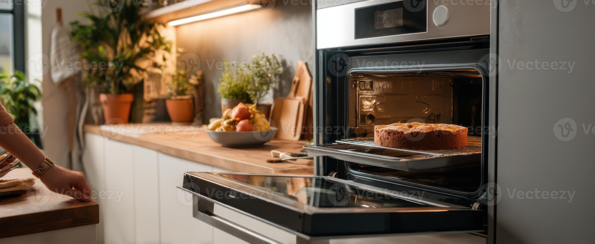 The cozy kitchen scene with a freshly baked cake in the oven photo