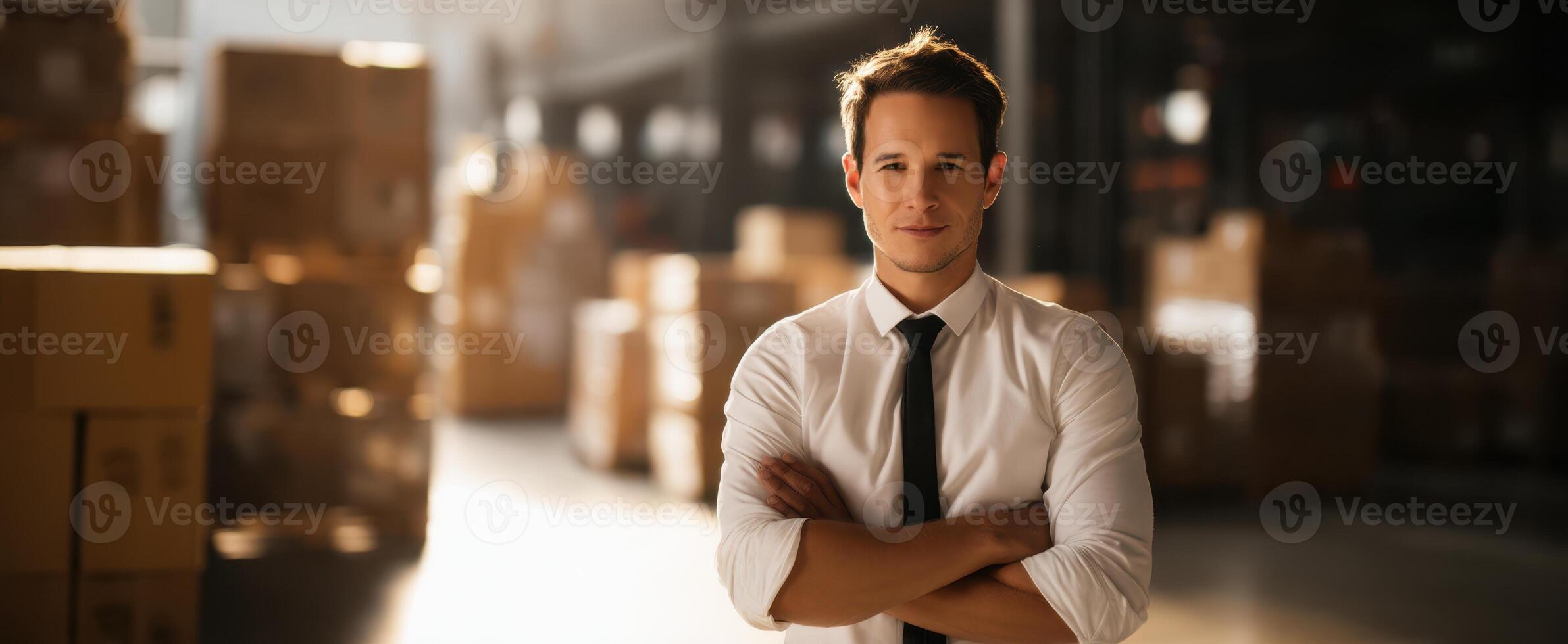 The confident manager standing in a modern warehouse with stacked boxes. photo