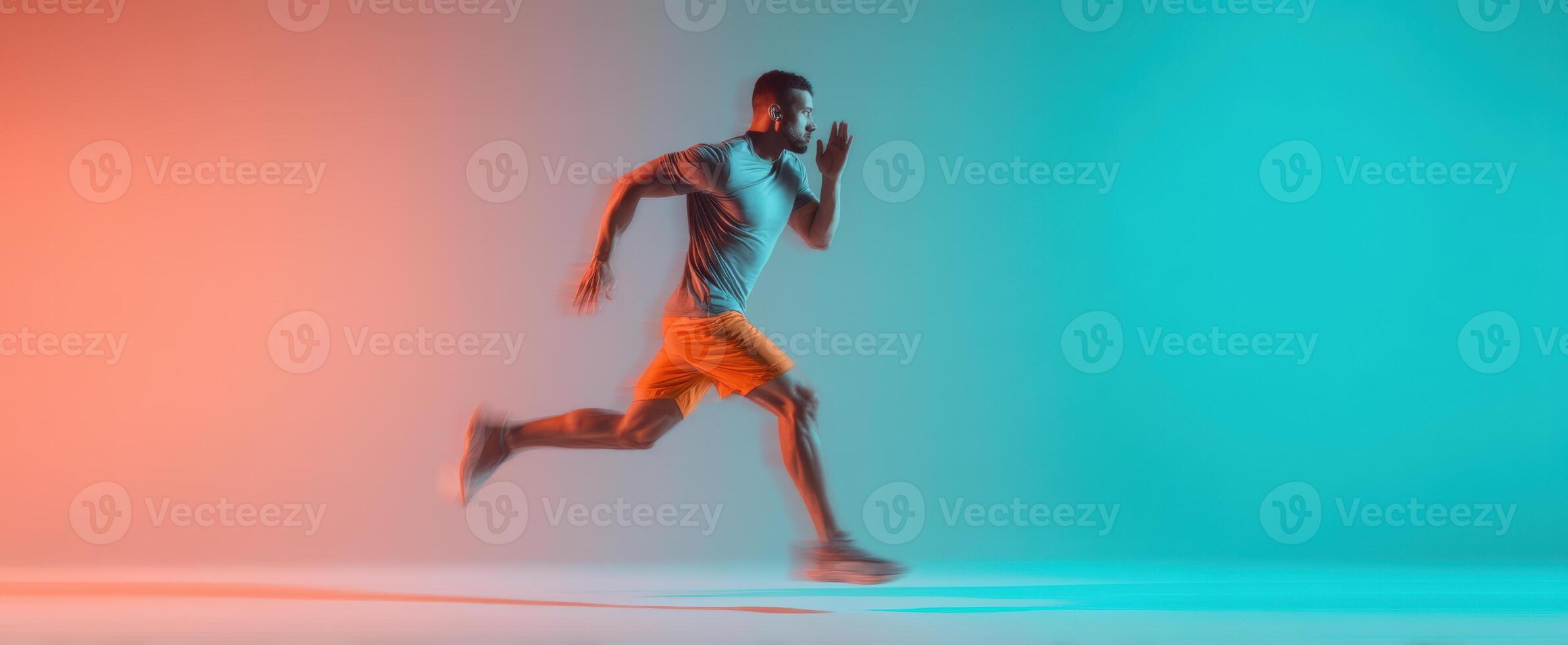 The athlete in motion exhibiting speed and determination against a vibrant backdrop. photo
