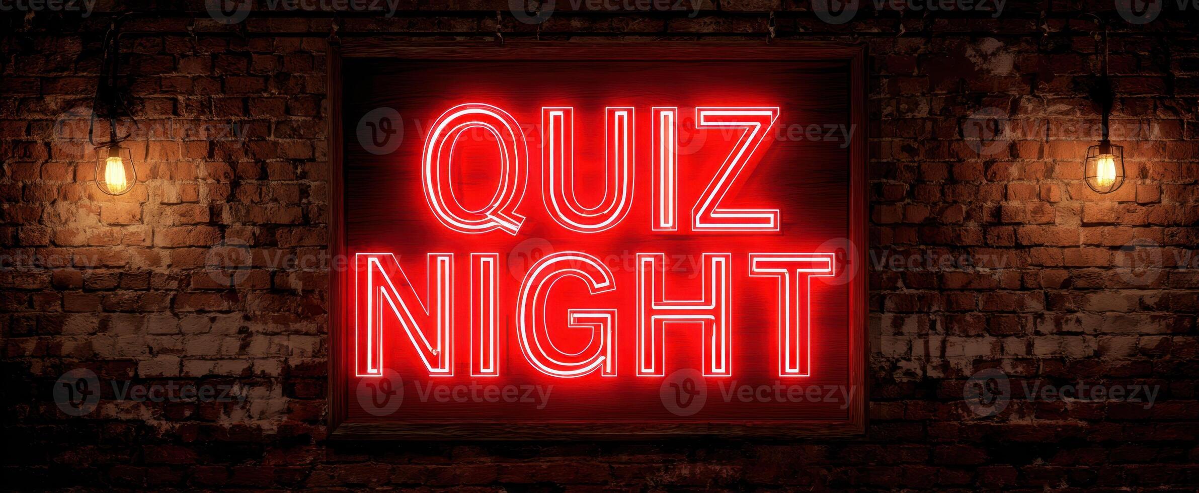 The glowing neon sign announcing Quiz Night in a rustic bar environment. photo