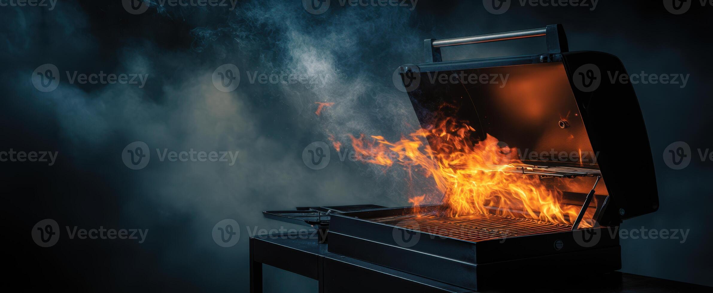 The grill with flaming fire creates a dramatic cooking atmosphere. photo