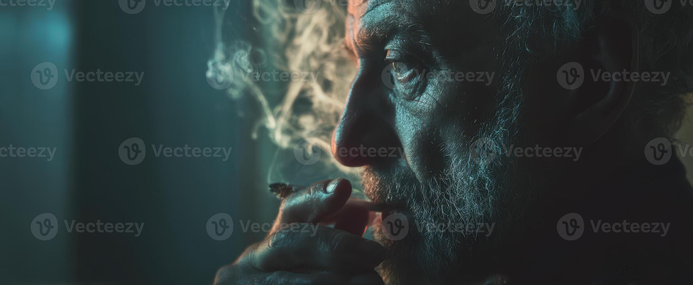 The contemplative man smoking in dimly lit surroundings. photo