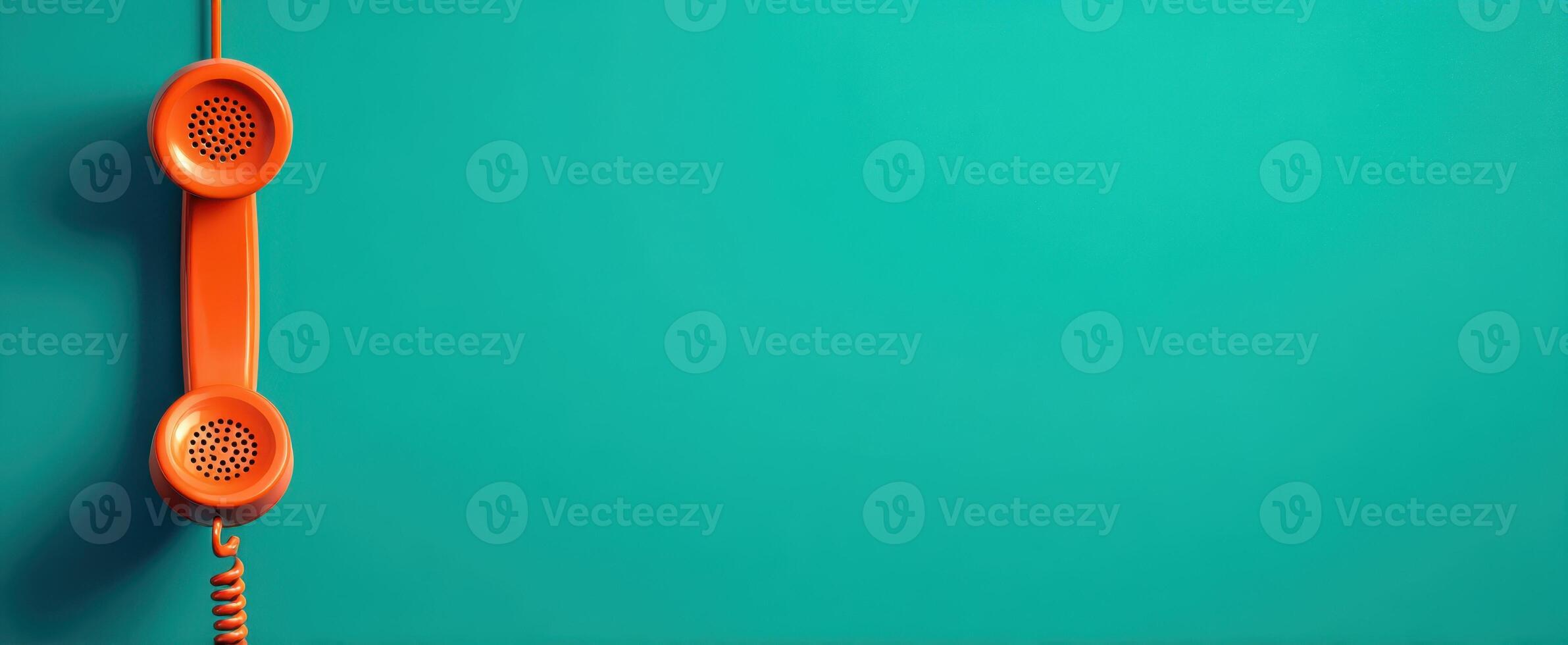 The vibrant orange telephone receiver against a teal background creating a retro vibe. photo