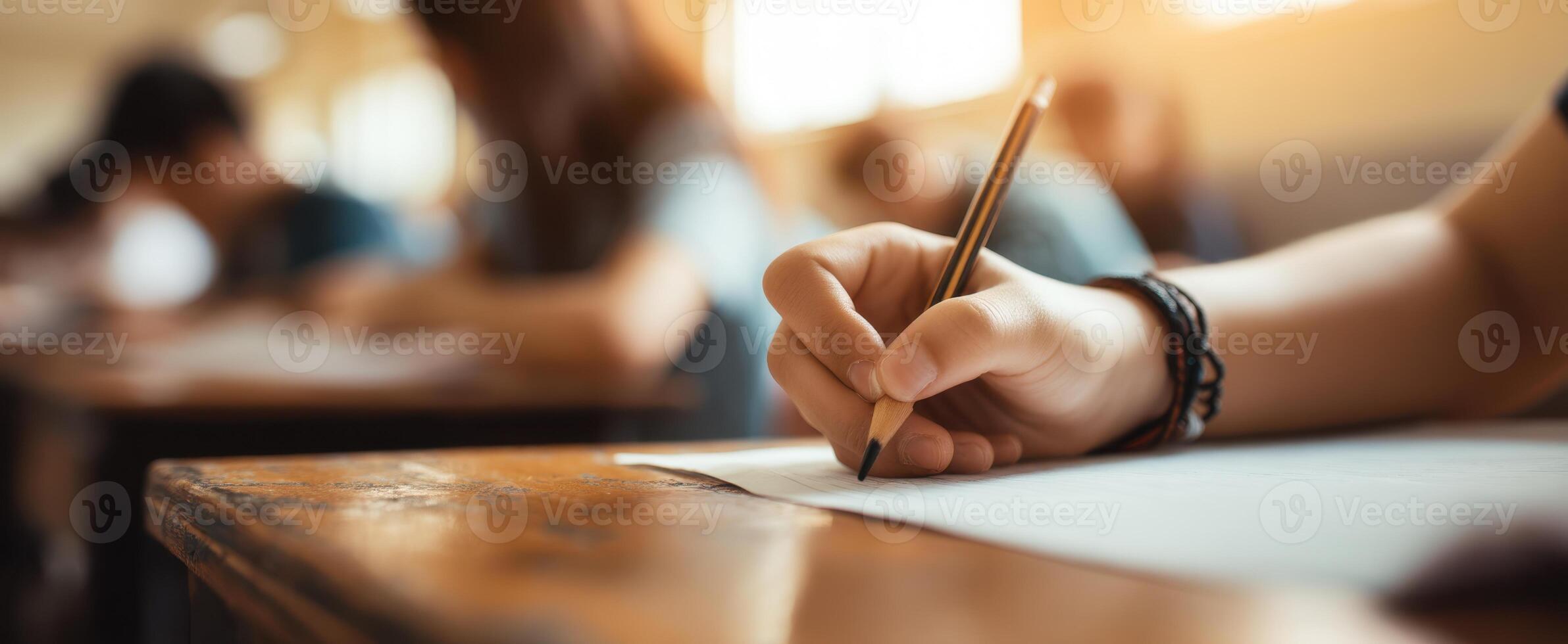 The student writing notes during an academic exam in a classroom setting. photo